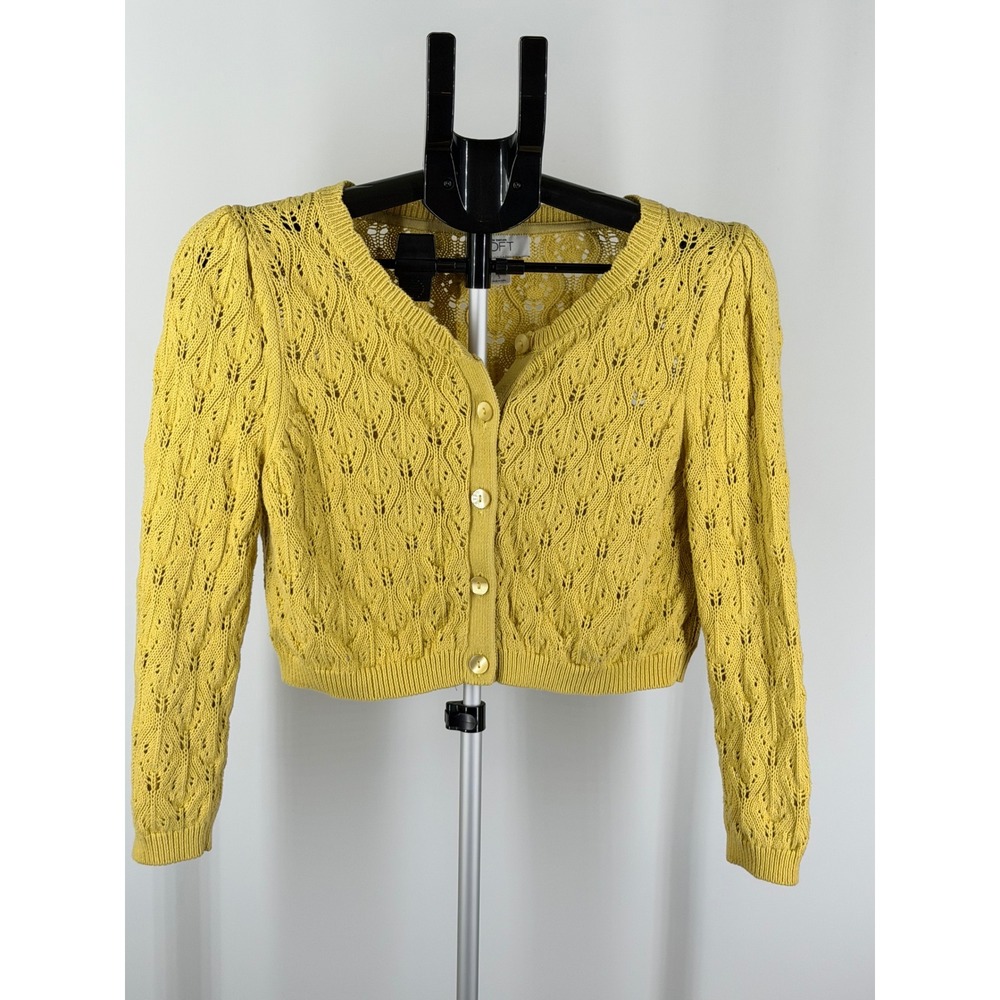 Ann Taylor Loft Yellow Pointelle Knit Cropped Cardigan Sweater Womens Small‎